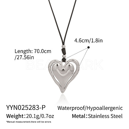 Elegant 304 Stainless Steel Heart Pendant Black Cord Necklaces for Women BE2409-2-1