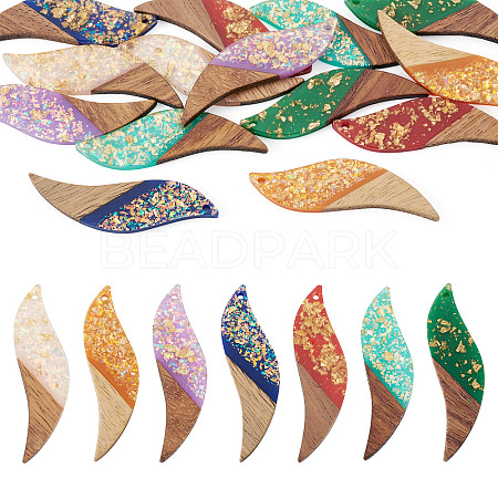 14Pcs 7 Colors Opaque Resin and Walnut Wood Big Pendants RESI-TA0005-12-1