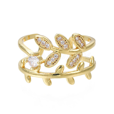 Cubic Zirconia Leaf Wrap Open Cuff Ring RJEW-N035-112-1