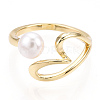 Brass Hollow Heart Open Cuff Rings with Natural Pearl PEAR-N020-05L-2