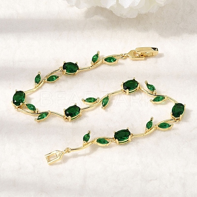 Leaf Brass Micro Pave Cubic Zirconia Link Chain Bracelets for Women BJEW-D455-01G-06-1