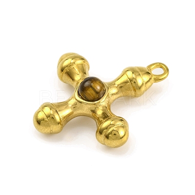 Natural Tiger Eye & 304 Stainless Steel Cross Pendants STAS-H221-01G-08-1