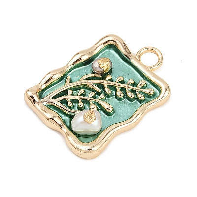 Brass Enamel & Natural Pearl Rectangle with Flower Pendants KK-K351-51G-04-1