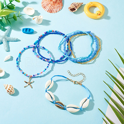 2 Bags Summer Beach Glass Seed Beaded & Natural Shell & Alloy Starfish Charm Anklet Sets AJEW-TA0003-69D-1