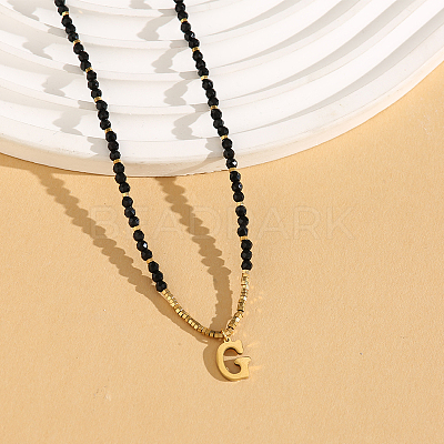 Stainless Steel Initial Pendant Faceted Round Natural Black Spinel Beaded Necklaces for Women ZD9259-7-1