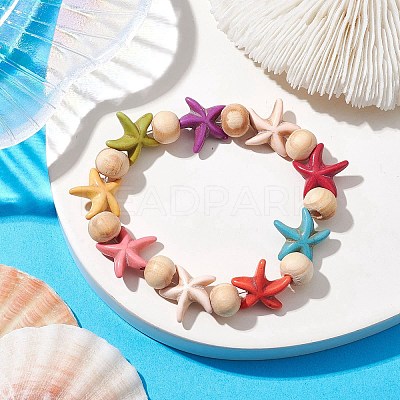 Beach Starfish Dyed Synthetic Turquoise Stretch Bracelets BJEW-JB10294-02-1