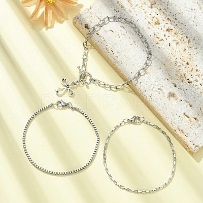 3Pcs 3 Style 316 Surgical Stainless Steel Box & Venetian Chain Bracelets Set with Corss Charms BJEW-FS0001-07-1