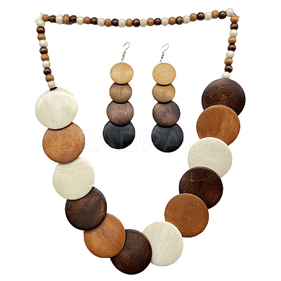 Bohemian Vintage Style Wooden Flat Round Beaded Necklaces & Dangle Earrings & Beadeed Bracelets Sets for Women FS-WGEDB9C-01-1