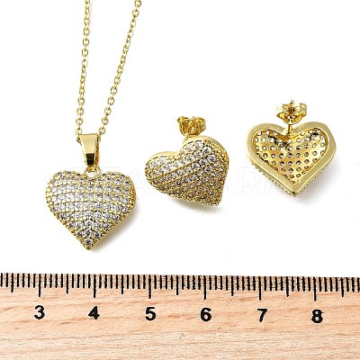 Heart Brass Micro Pave Cubic Zirconia Stud Earrings & Pendant Necklaces Sets SJEW-Z002-05G-1