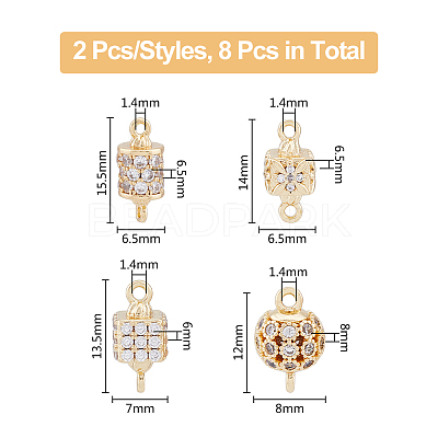 8Pcs 4 Styles Brass Micro Pave Clear Cubic Zirconia Connector Charms KK-DC0003-36-1