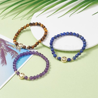 Faceted Round Natural Tiger Eye & Lapis Lazuli & Amethyst Beads Stretch Bracelets Set BJEW-JB07082-1