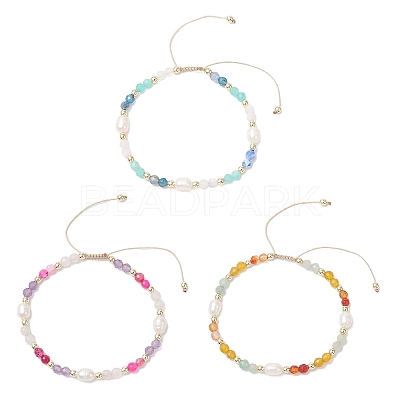 3Pcs Natural Mixed Gemstone & Cultured Freshwater Pearl Beads Braided Bead Bracelets for Women BJEW-JB12666-1