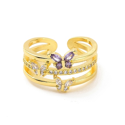 Violet Cubic Zirconia Butterfly Open Cuff Ring RJEW-C061-01G-1