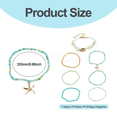 2 Bags Summer Beach Glass Seed Beaded & Natural Shell & Alloy Starfish Charm Anklet Sets AJEW-TA0003-69G-1