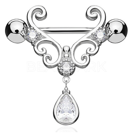 316L Surgical Stainless Steel Clear Cubic Zirconia Teardrop Nipple Stirrup WGE53BF-01-1