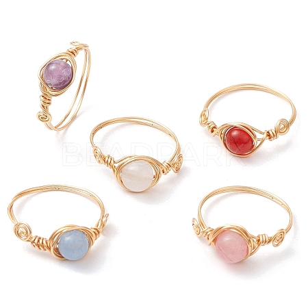 Round Natural Quartz Crystal & Rose Quartz & Quartz & Malaysia Jade & Amethyst Finger Rings RJEW-JR00766-1