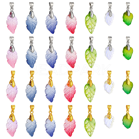112Pcs 14 Styles Baking Paint Glass Leaf Shape Pendants PALLOY-PH01921-1