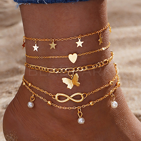 5Pcs Alloy Imitation Pearl Anklets WG853BB-01-1