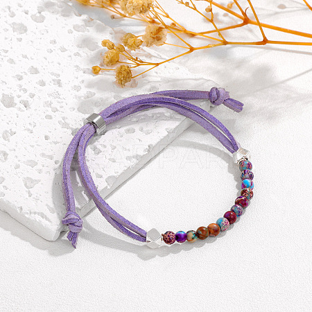 4MM Round Dyed Natural Imperial Jasper Beaded Faux Suede Cord Slider Bracelets for Women WG432D6-01-1