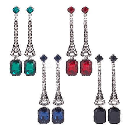 ANATTASOUL 4 Pairs 4 Colors Rhinestone Rectangle Dangle Stud Earrings EJEW-AN0004-18-1