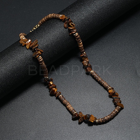 Natural Tiger Eye Chips & Coconut Disc Beaded Necklace PW-WG14432-02-1