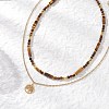 Tree of Life 304 Stainless Steel Pendant Cable Chain and Natural Tiger Eye Rectangle Round Beaded Double Layer Necklaces NJEW-JN05713-2