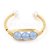 Natural Aquamarine Braided Oval Open Cuff Ring with Pearl Beaded RJEW-T026-11G-4