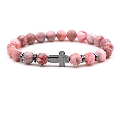 8MM Round Dyed Natural Imperial Jasper Beaded Stretch Bracelets with Synthetic Non-magnetic Hematite Cross FA1012-4-1