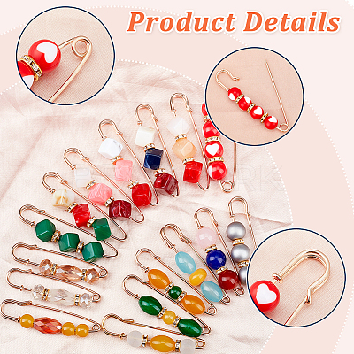 16Pcs 16 Style Resin Imitation Gemstone & Crystal Rhinestone Beaded Safety Pin Brooches JEWB-PH0001-27-1