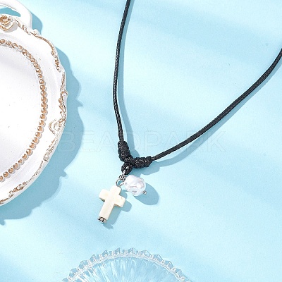 Adjustable Dyed Synthetic Turquoise with Round Plastic Imitation Pearl Cross Pendant Black Waxed Polyester Cord Necklaces for Women NJEW-JN05384-02-1