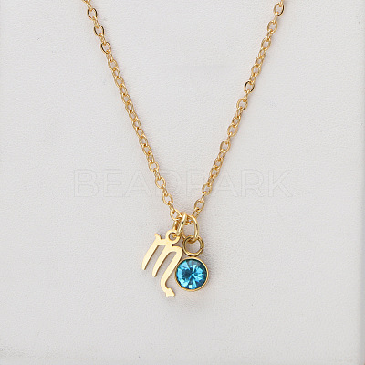304 Stainless Steel Aquamarine Rhinestone Birth Stone Constellation Pendant Necklaces FS-WG76580-12-1