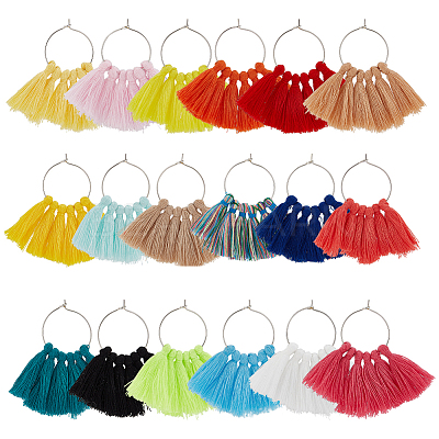 18Pcs 18 Colors Polycotton Tassel Fan Shape Wine Glass Charms AJEW-BC0003-93-1