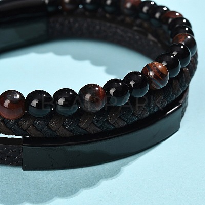 Natural Tiger Eye & Glass Round Beaded Bracelets BJEW-G732-02B-1