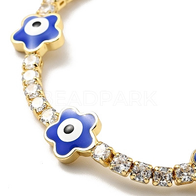 Flower with Evil Eye Enamel Link Bracelet with Clear Cubic Zirconia Tennis Chains BJEW-G650-03G-1