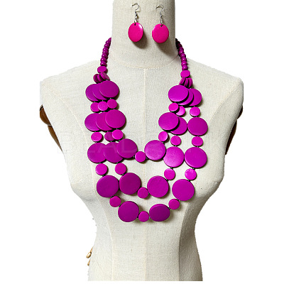 Ethnic Style Wood Flat Round Beaded Multilayer Necklaces & Dangle Earrings Sets WG19BD2-06-1