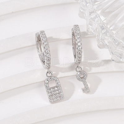 Lock & Key 925 Sterling Silver Micro Pave Clear Cubic Zirconia Hoop Earrings for Women EJEW-G427-01P-03-1