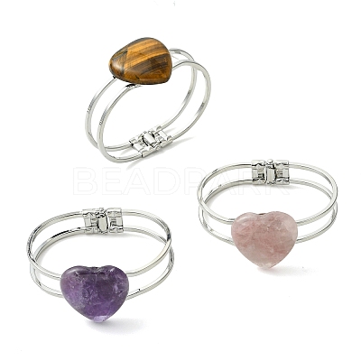 Natural Mixed Gemstone Heart Brass Hinged Cuff Bangles BJEW-JB14316-1