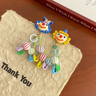 Clown Alloy Resin Dangle Stud Earrings. Golden FS-WG55B1D-01-1