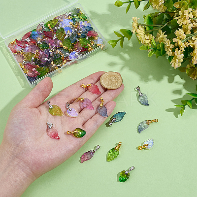 112Pcs 14 Styles Baking Paint Glass Leaf Shape Pendants PALLOY-PH01921-1