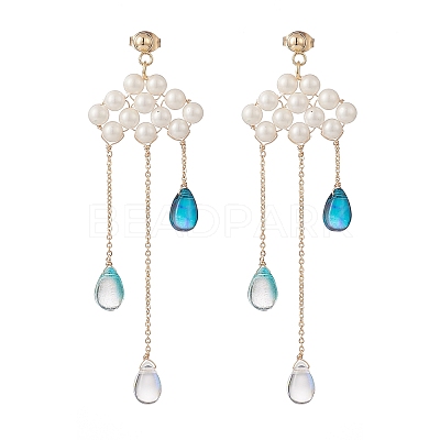 Shell Pearl Cloud with Glass Teardrop Dangle Stud Earrings EJEW-TA00164-1