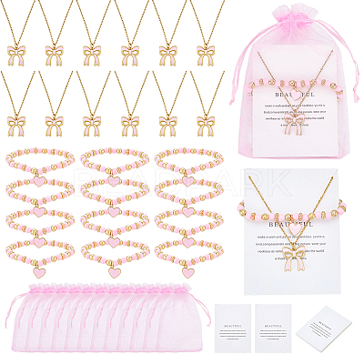 12Pcs Alloy Enamel Bowknot Pendant Necklaces & CCB Plastic Beads with Heart Charms Bracelets SJEW-ME00004-1