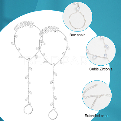 2Pcs Brass Clear Cubic Zirconia Box Chain Bracelets for Women BJEW-BBC0001-09S-1