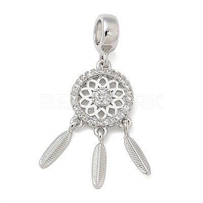 Brass Clear Cubic Zirconia Woven Web/Net with Feather European Dangle Charms KK-U050-01P-1
