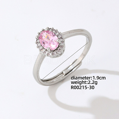 Oval Platinum Brass Adjustable Ring with Pink Cubic Zirconia EG7863-24-1