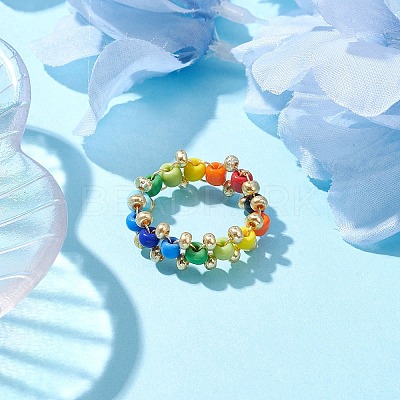 Glass Seed & Brass Beads Finger Rings RJEW-JR00687-1
