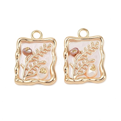 Brass Enamel & Natural Pearl Rectangle with Flower Pendants KK-K351-51G-02-1
