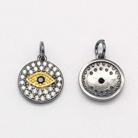 Flat Round with Evil Eye Brass Micro Pave Cubic Zirconia Charms ZIRC-F017-07B-1