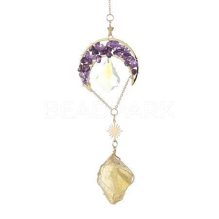 Natural Amethyst Chips & Brass Moon Suncatchers HJEW-JM05018-01-1