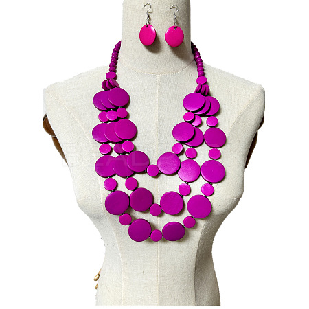 Ethnic Style Wood Flat Round Beaded Multilayer Necklaces & Dangle Earrings Sets WG19BD2-06-1