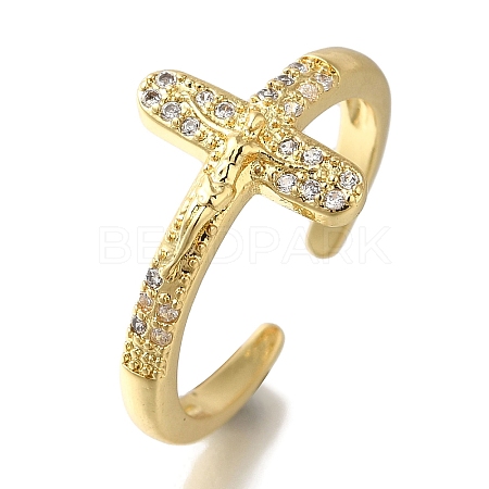 Rack Plating Crucifix Cross Brass Clear Cubic Zirconia Open Cuff Rings RJEW-S411-06G-1